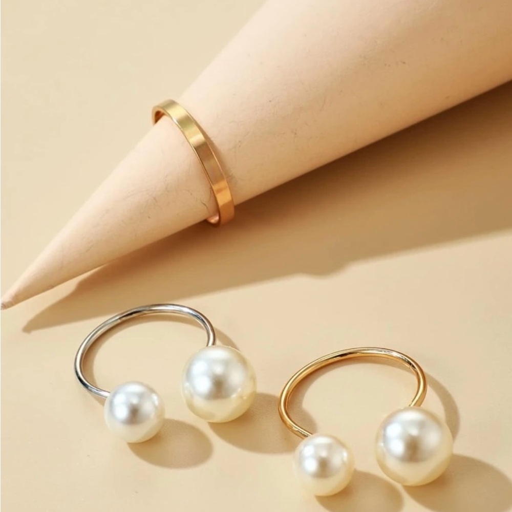 Set of 3 Pearl Gold and Silver Ring - Picture 2 of 5